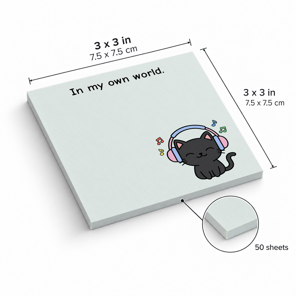 Black Cat Headphones sticky notes, 3x3 in (7.5 x 7.5 cm), 50 sheets