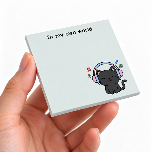 Black Cat Headphones sticky note pad on a desk with stationery
