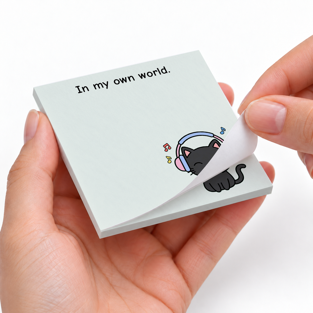 Black Cat Headphones sticky notes styled with a planner and desk accessories