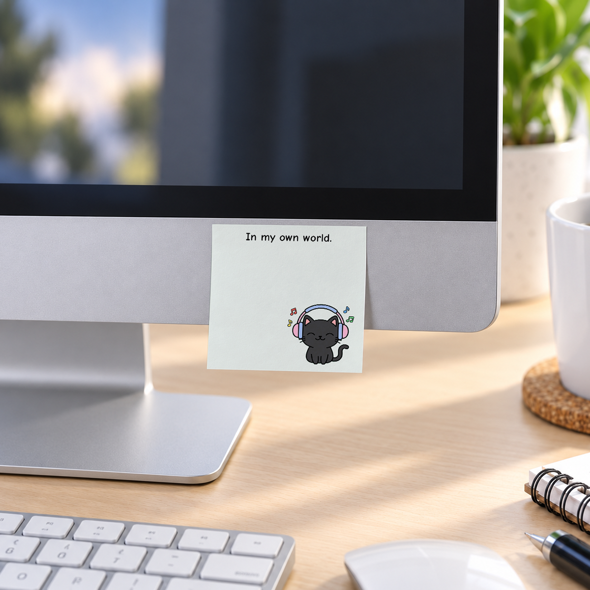 Black Cat Headphones memo pad in an office or home workspace