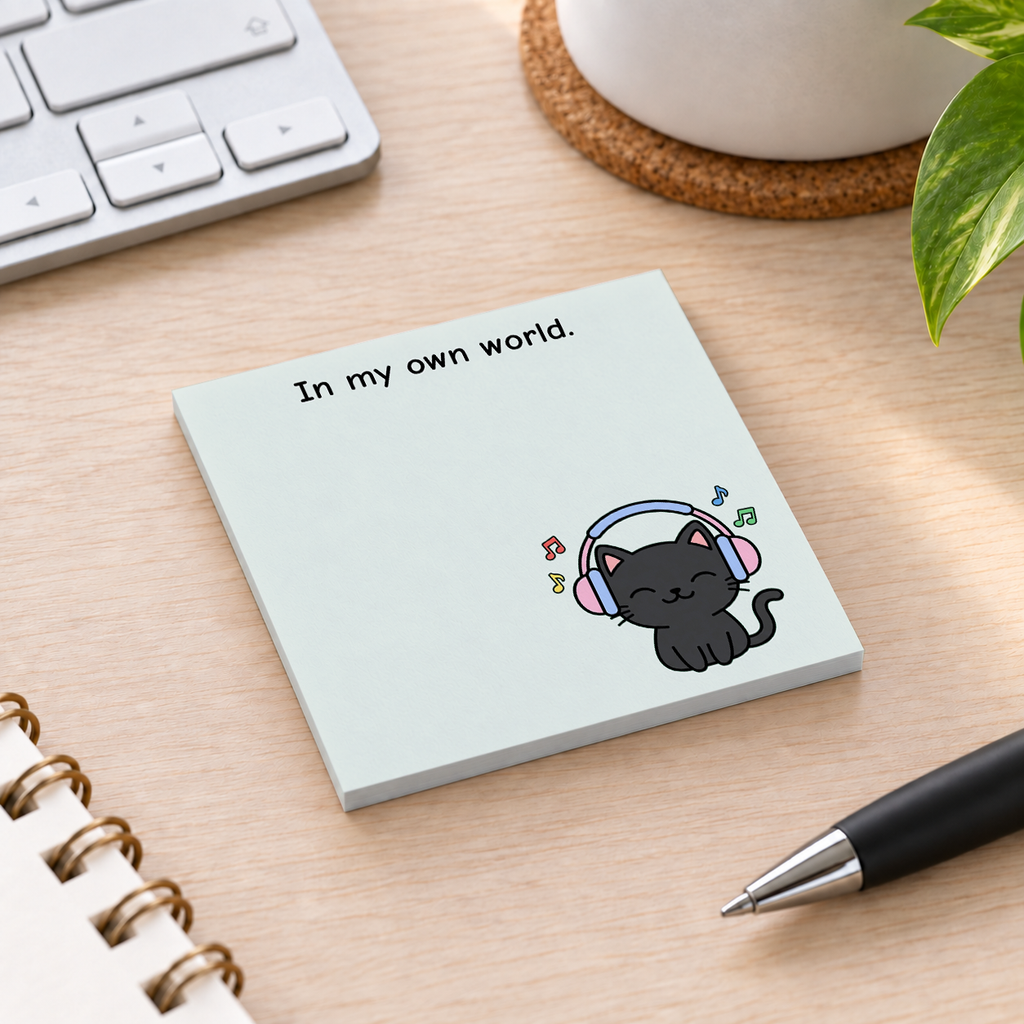 Close-up of Black Cat Headphones sticky note design and writable area
