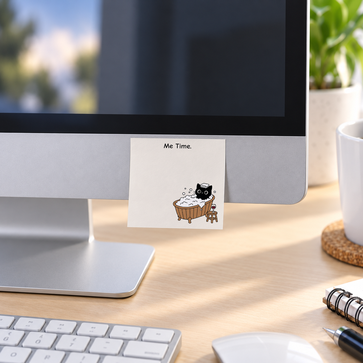 Spa Cat Bubble Bath memo pad in an office or home workspace
