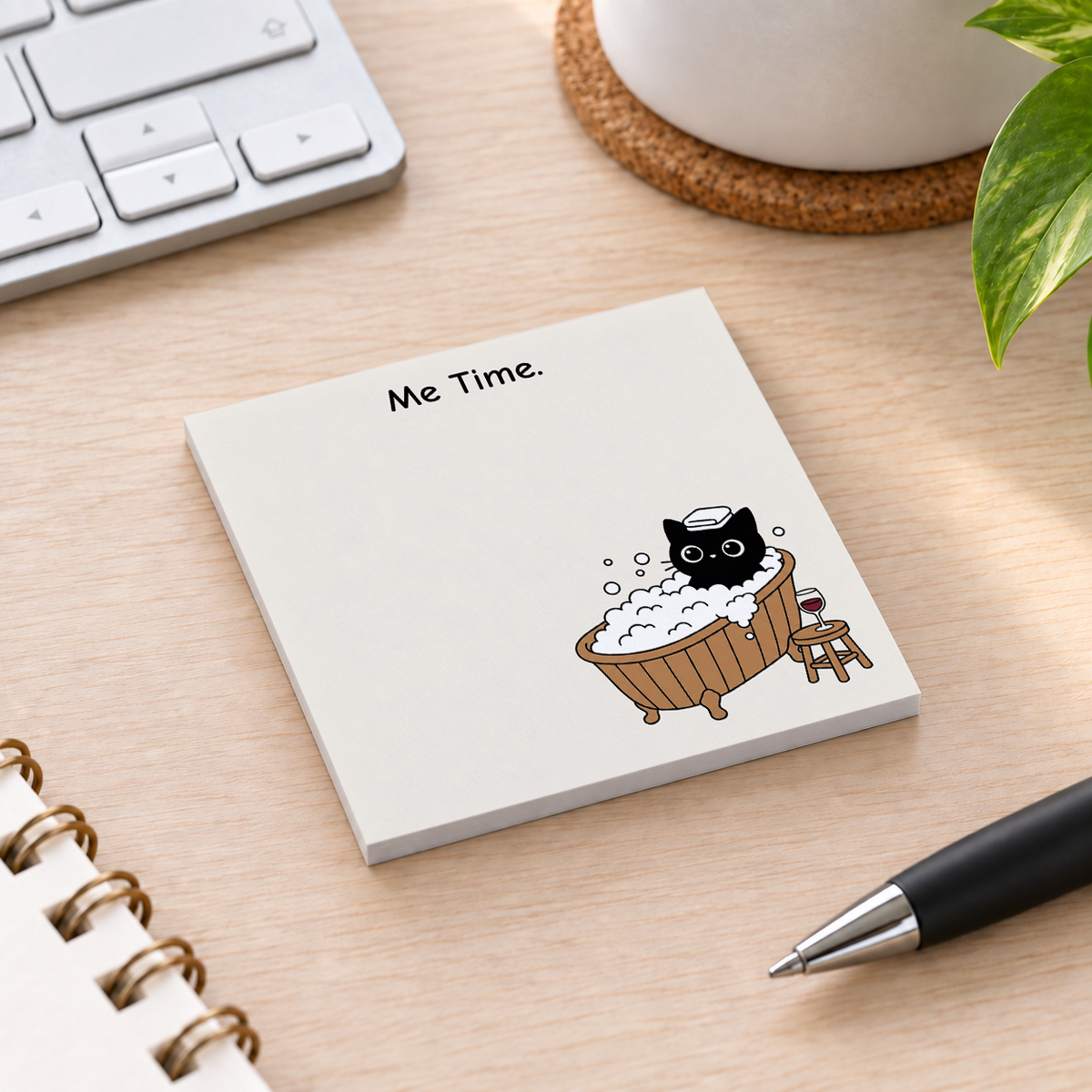 Close-up of Spa Cat Bubble Bath sticky note design and writable area