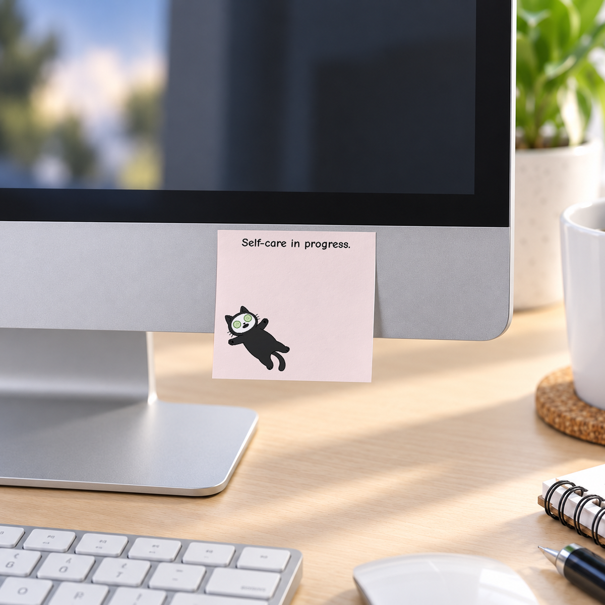 Skincare Cat Face Mask memo pad in an office or home workspace