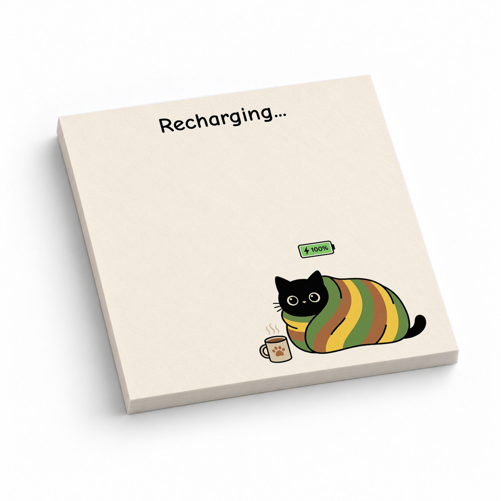 Cozy Recharging Cat 3x3 sticky notes, 50-sheet memo pad
