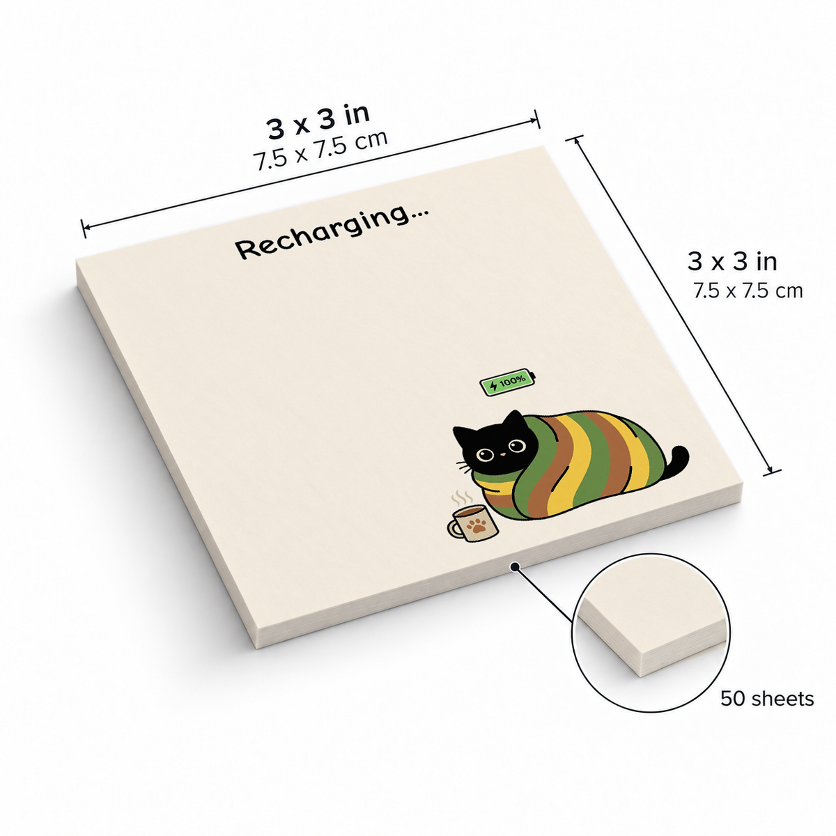 Cozy Recharging Cat sticky notes, 3x3 in (7.5 x 7.5 cm), 50 sheets