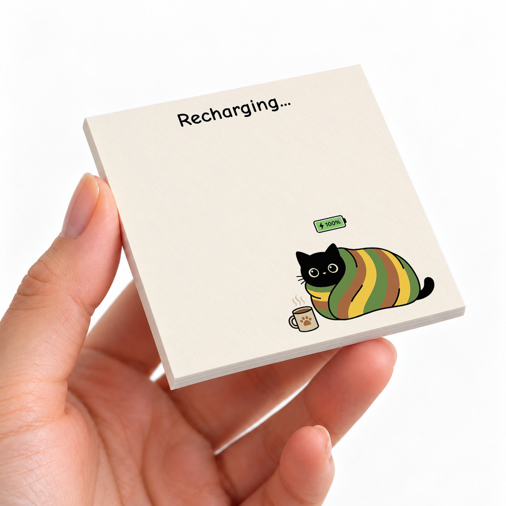 Cozy Recharging Cat sticky note pad on a desk with stationery