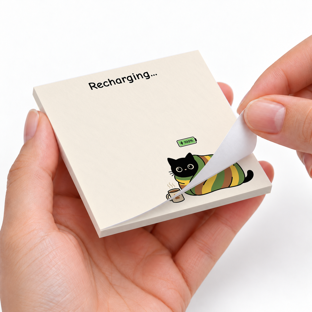 Cozy Recharging Cat sticky notes styled with a planner and desk accessories