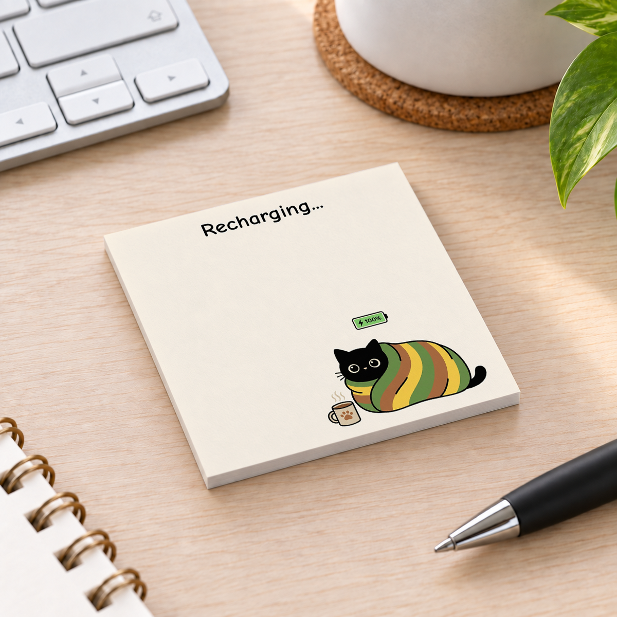 Close-up of Cozy Recharging Cat sticky note design and writable area
