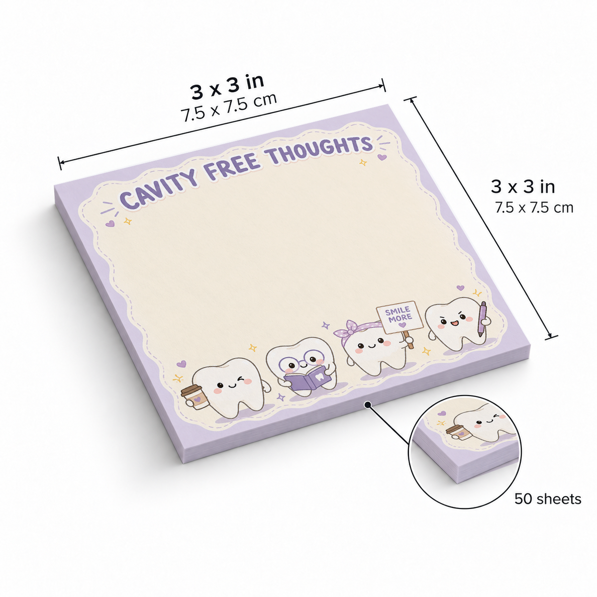 Cavity Free Thoughts Dental sticky notes, 3x3 in (7.5 x 7.5 cm), 50 sheets
