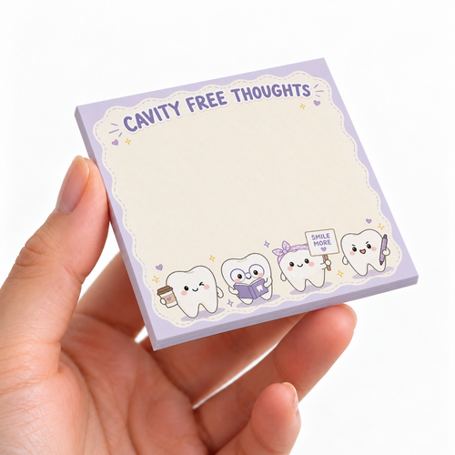 Cavity Free Thoughts Dental sticky note pad on a desk with stationery