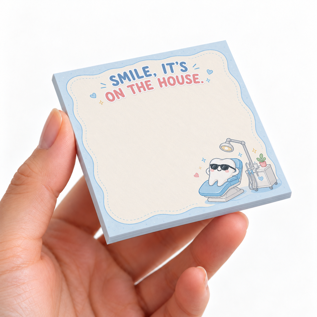 Smile It's On The House Dental sticky note pad on a desk with stationery