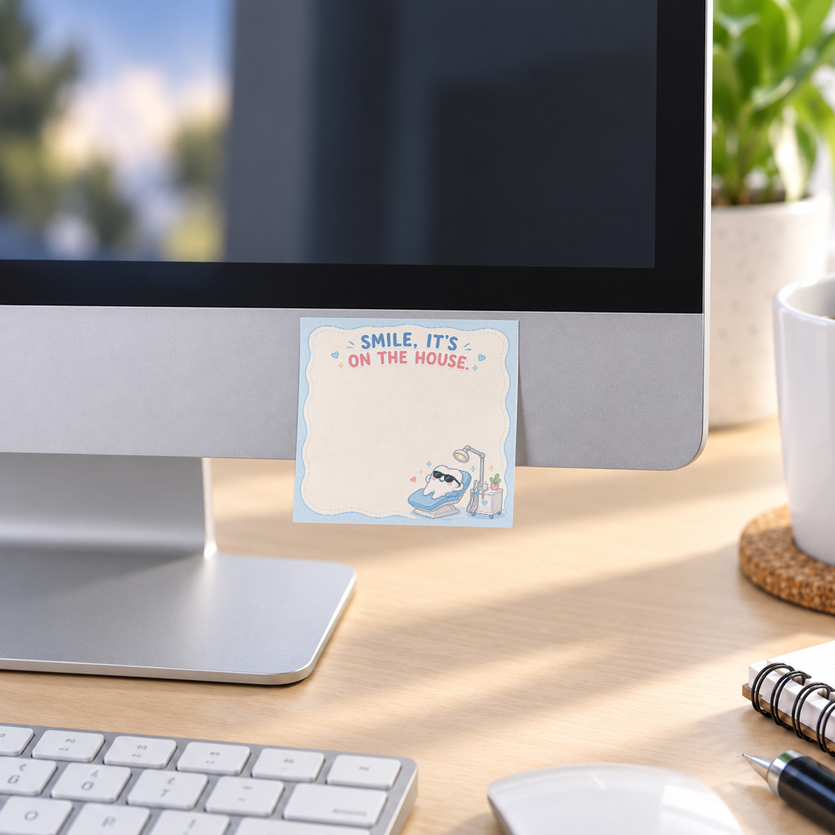 Smile It's On The House Dental memo pad in an office or home workspace