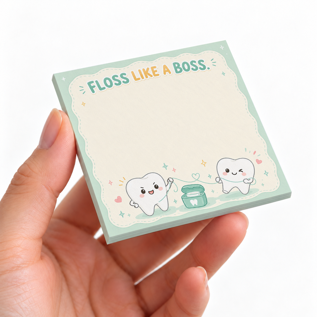 Floss Like A Boss Tooth sticky note pad on a desk with stationery