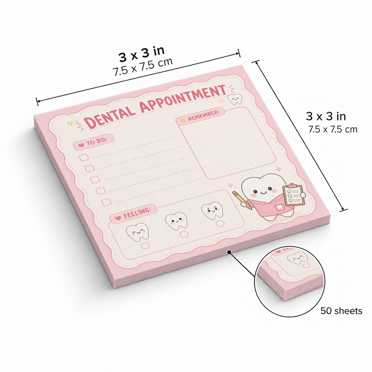 Dental Appointment Planner sticky notes, 3x3 in (7.5 x 7.5 cm), 50 sheets