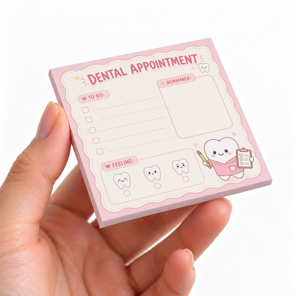 Dental Appointment Planner sticky note pad on a desk with stationery