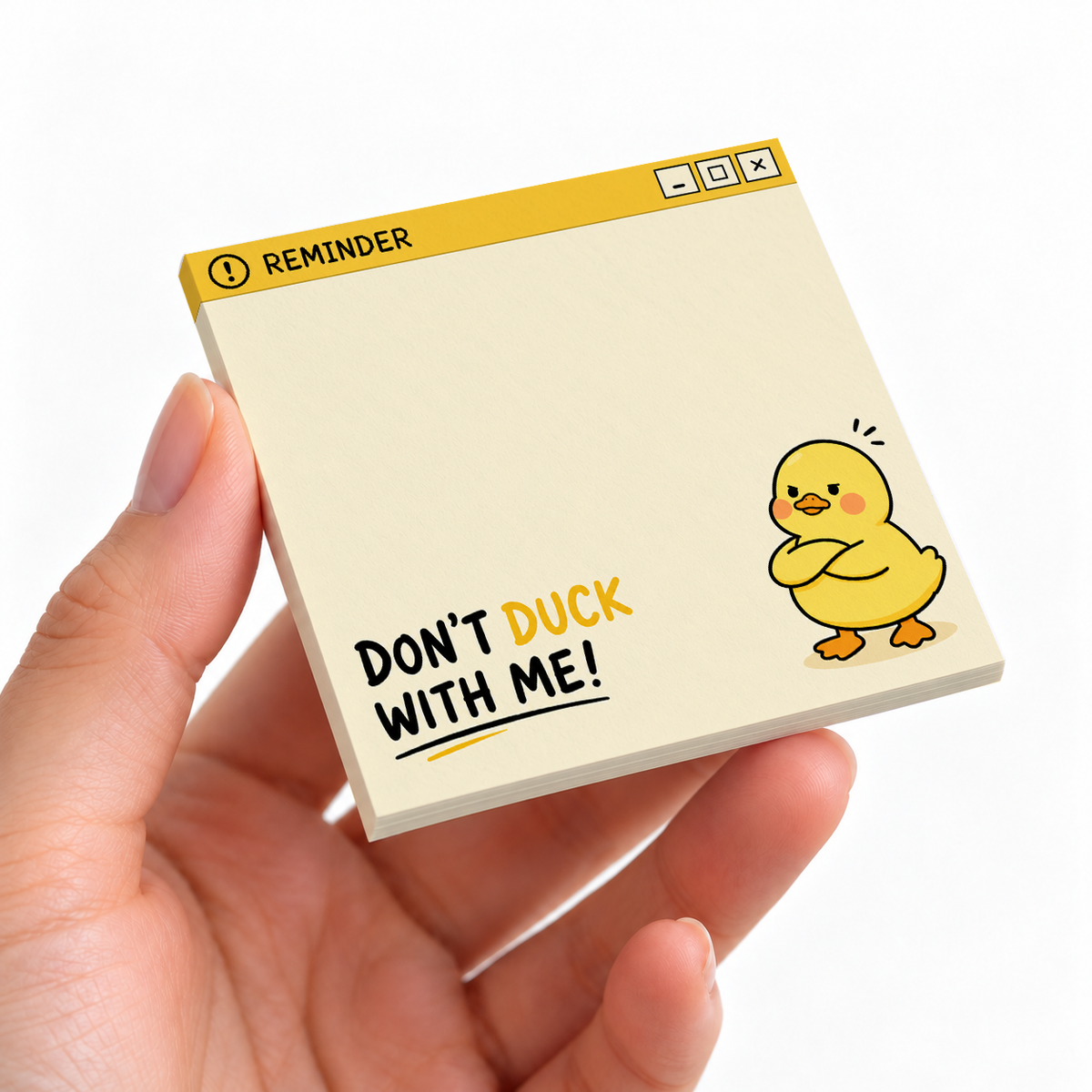 Grumpy Duck "Don't Duck With Me" sticky note pad on a desk with stationery