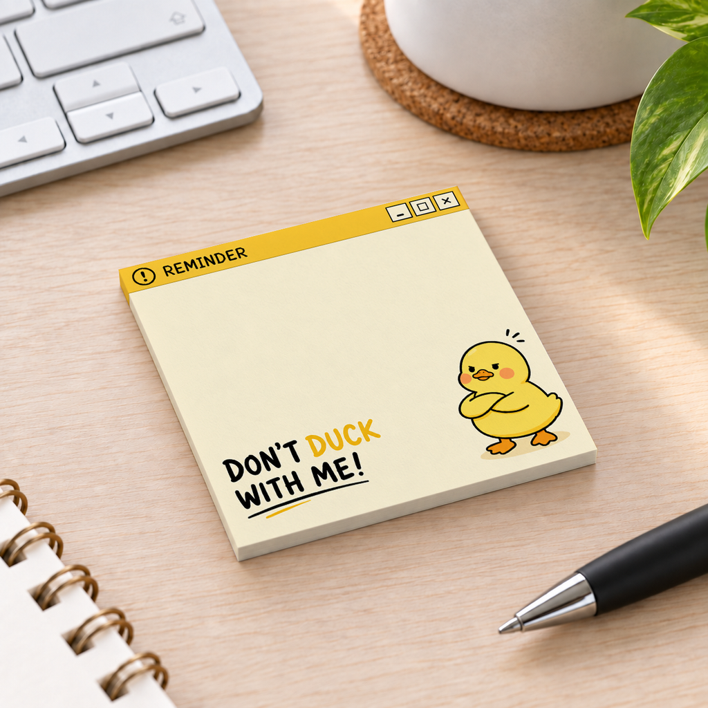 Close-up of Grumpy Duck "Don't Duck With Me" sticky note design and writable area