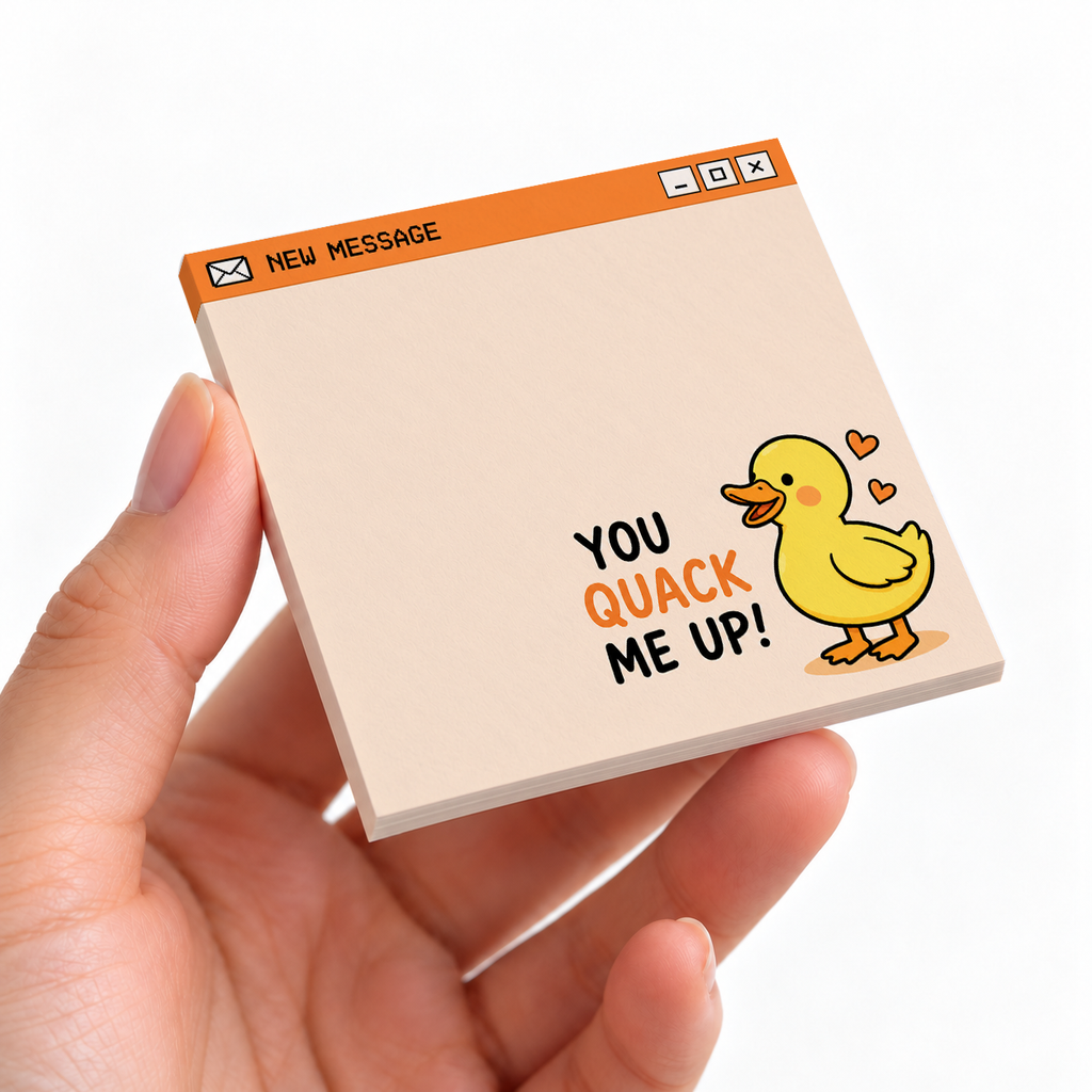 Happy Duck "You Quack Me Up" sticky note pad on a desk with stationery