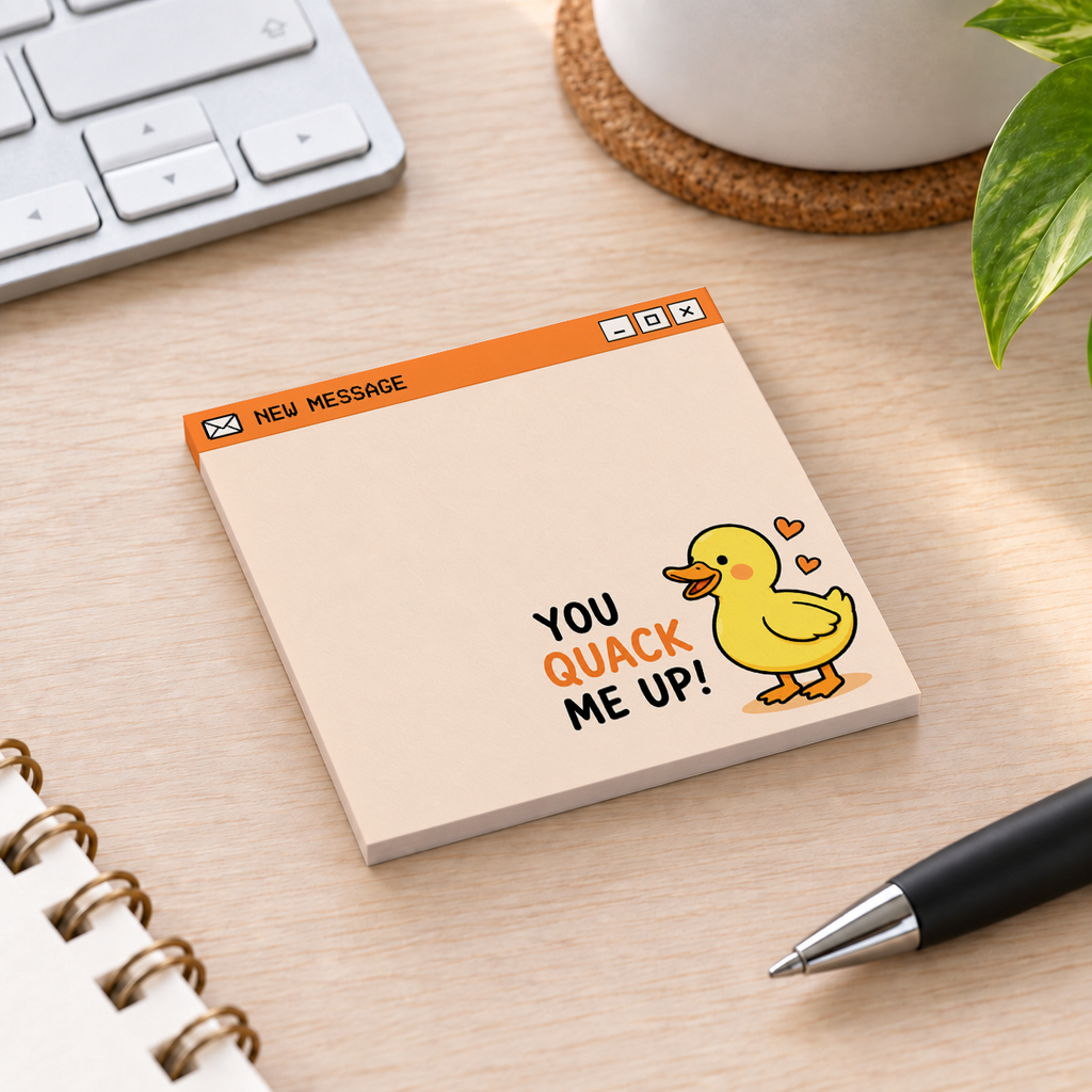 Close-up of Happy Duck "You Quack Me Up" sticky note design and writable area
