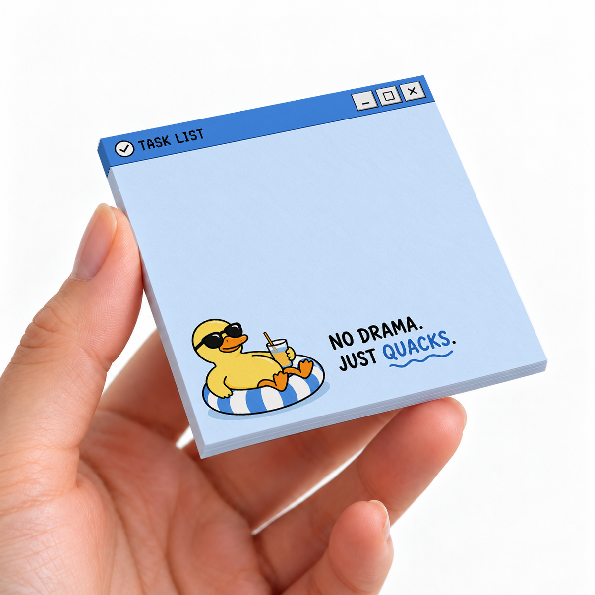 Chill Duck "No Drama" sticky note pad on a desk with stationery