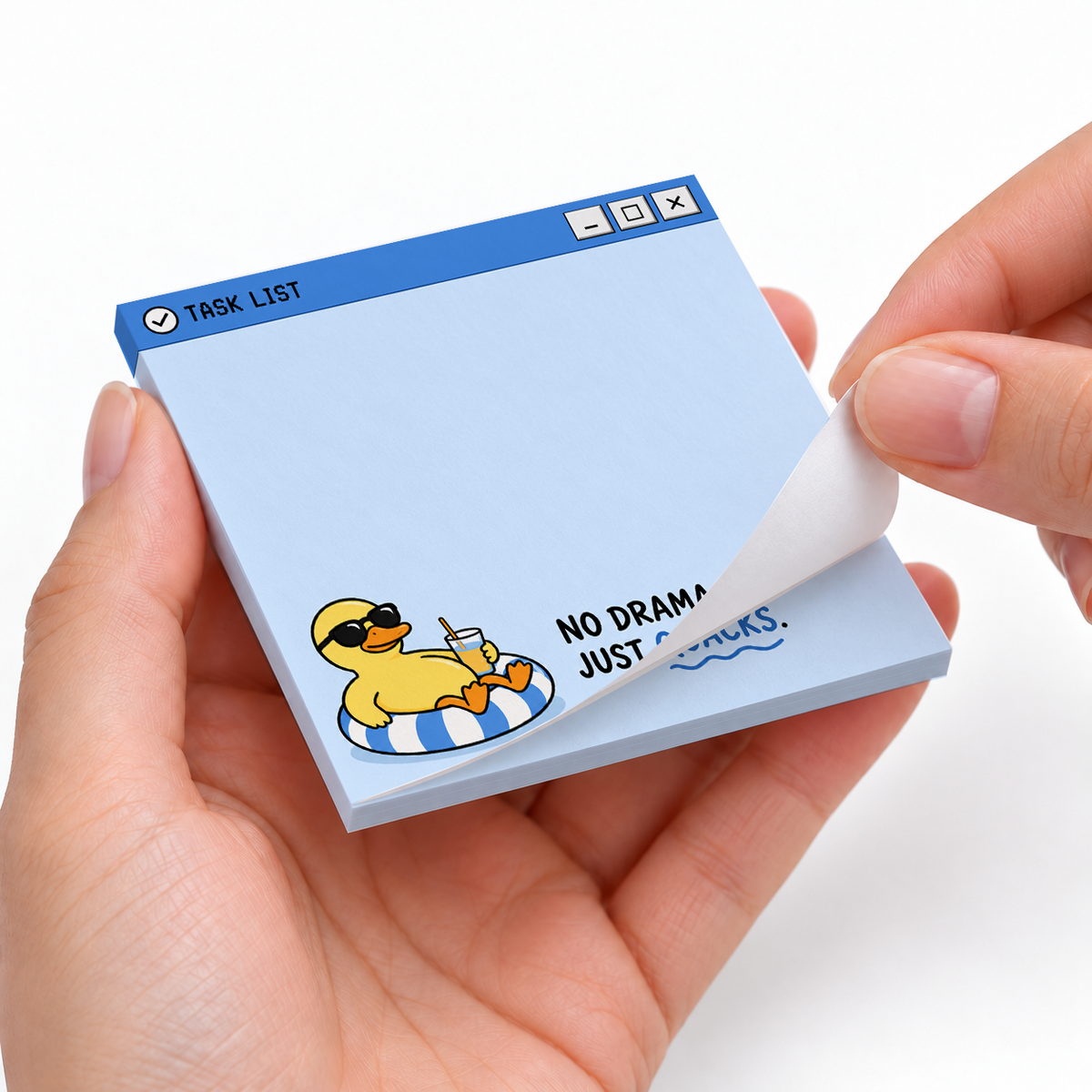 Chill Duck "No Drama" sticky notes styled with a planner and desk accessories