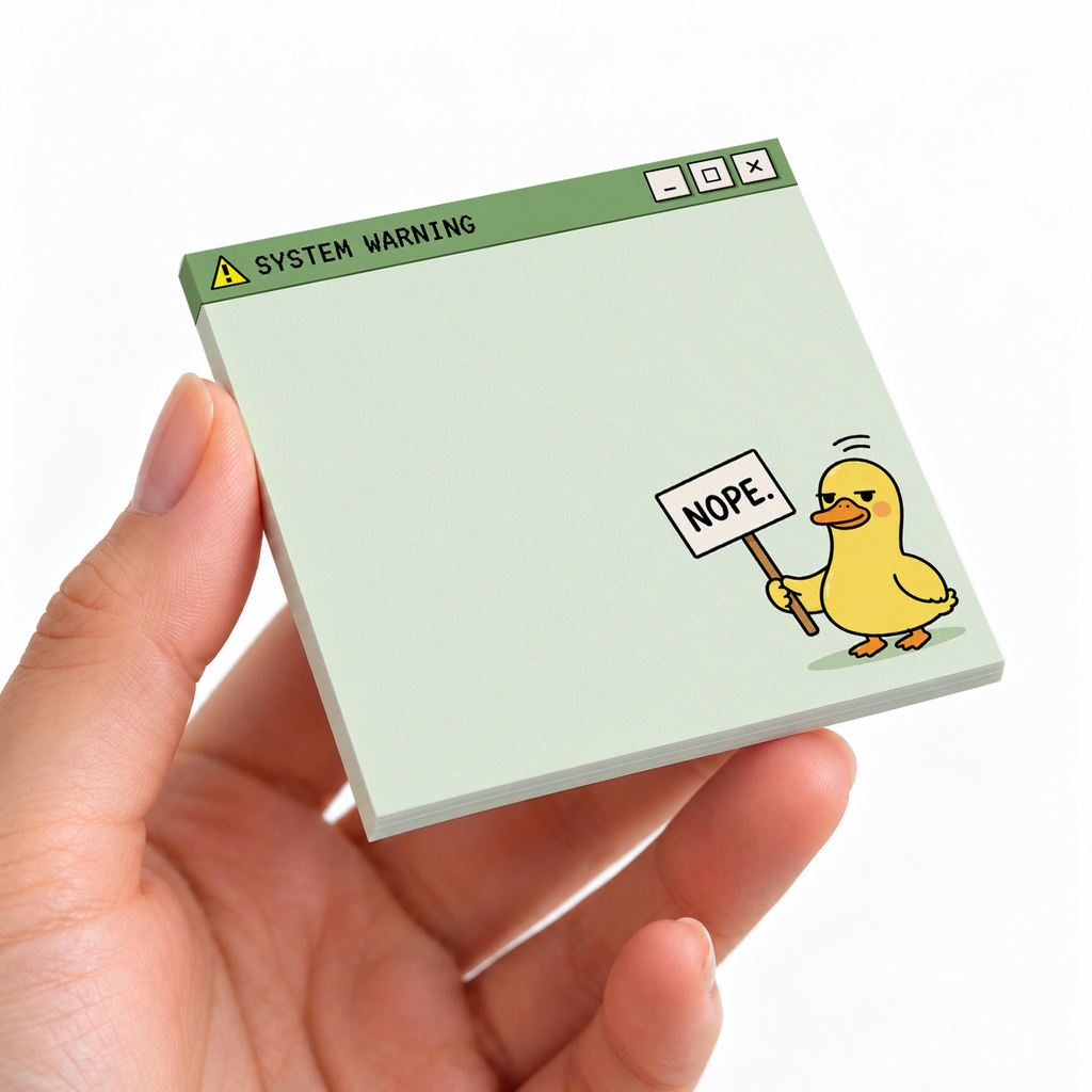 System Warning "Nope" Duck sticky note pad on a desk with stationery