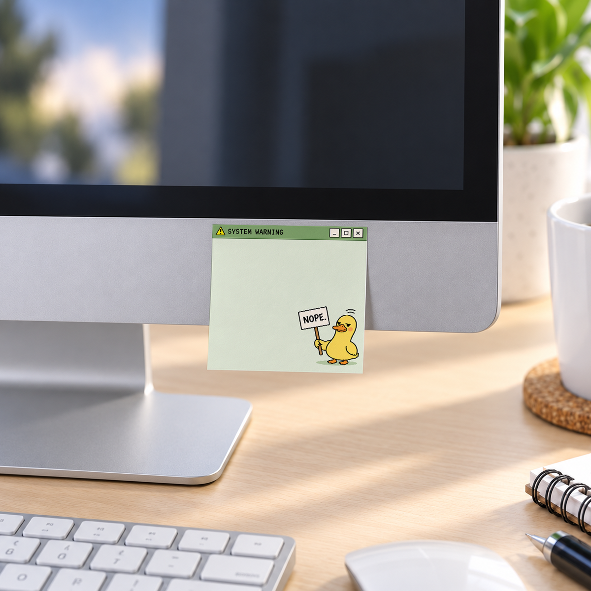 System Warning "Nope" Duck memo pad in an office or home workspace