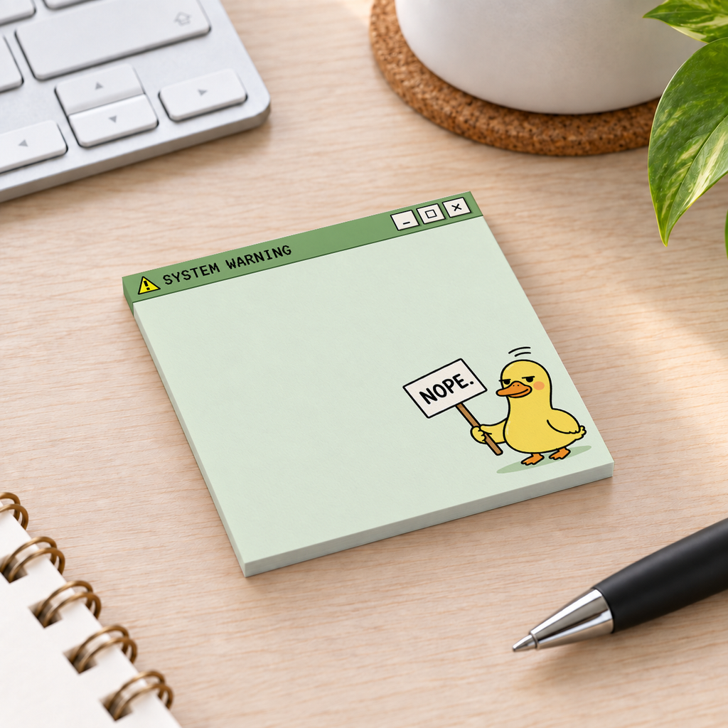 Close-up of System Warning "Nope" Duck sticky note design and writable area