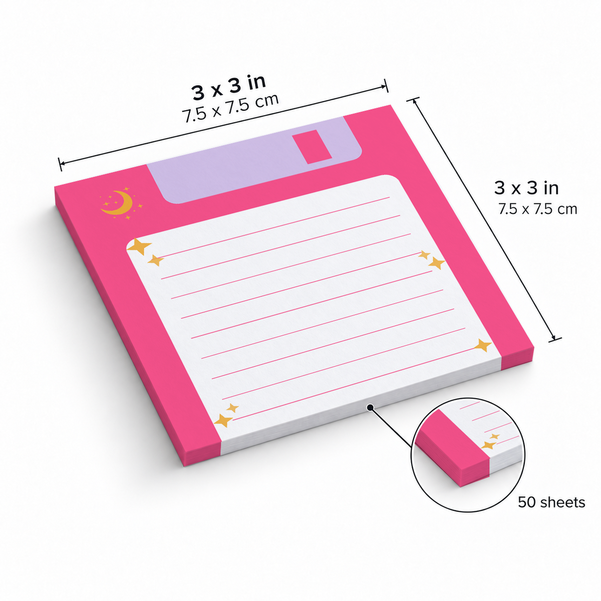 Pink Retro Floppy Disk Lined sticky notes, 3x3 in (7.5 x 7.5 cm), 50 sheets