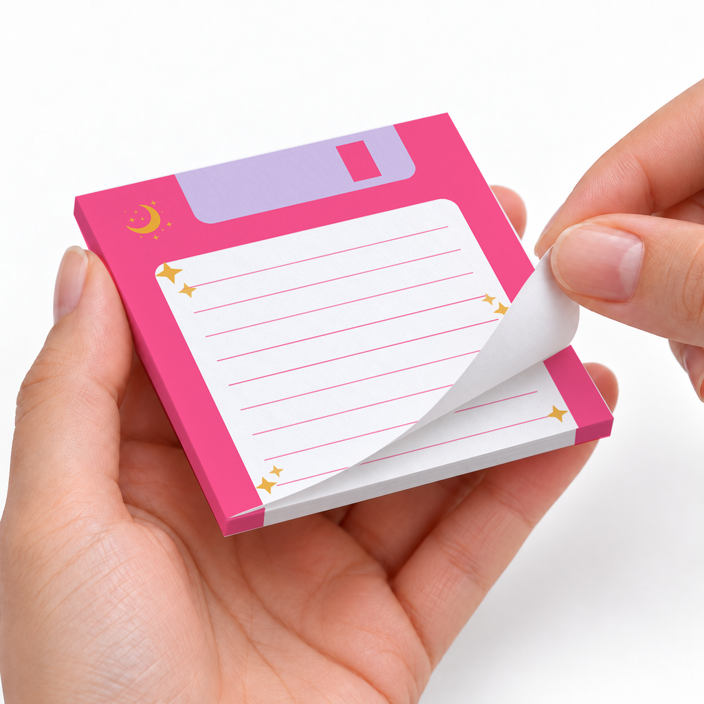 Pink Retro Floppy Disk Lined sticky notes styled with a planner and desk accessories