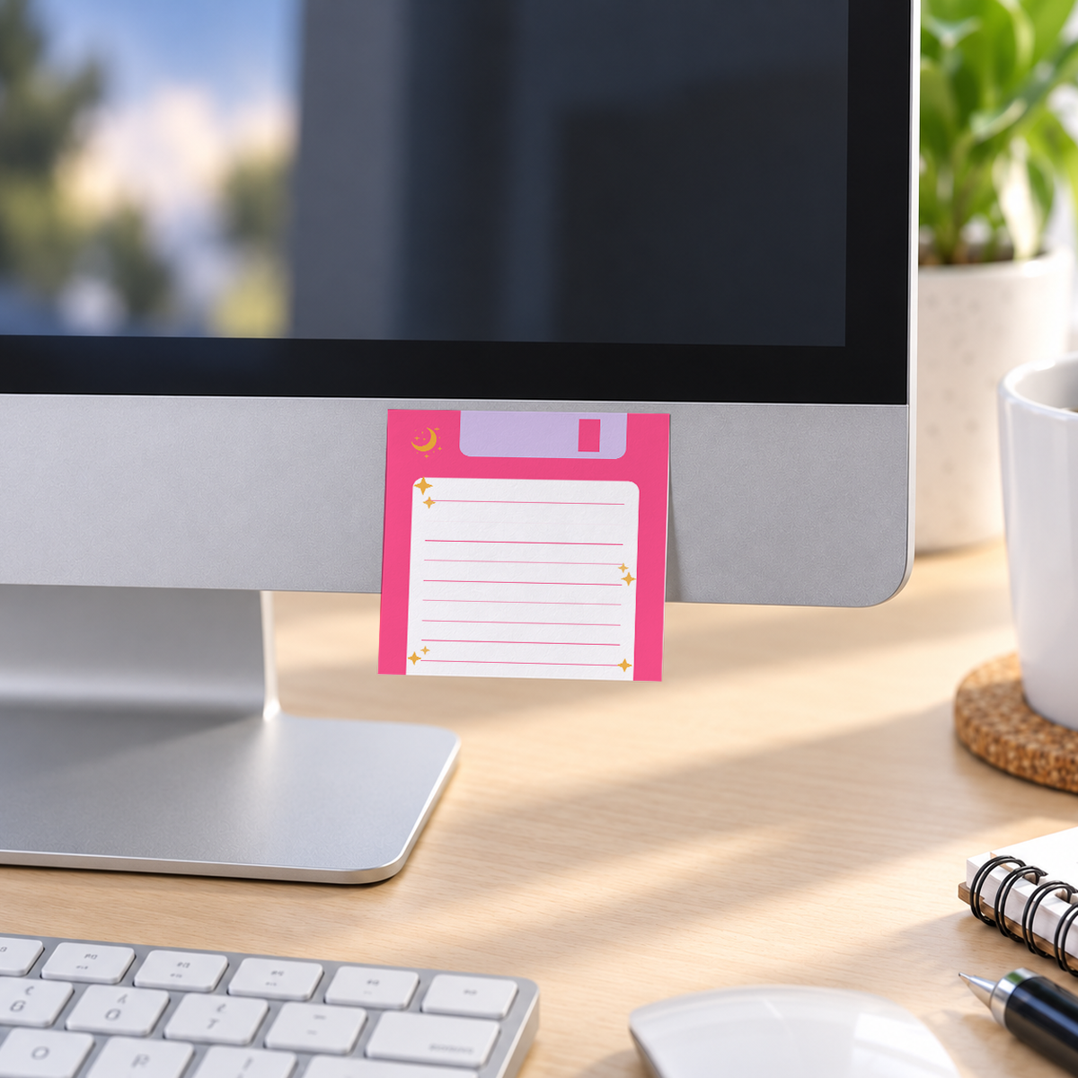 Pink Retro Floppy Disk Lined memo pad in an office or home workspace