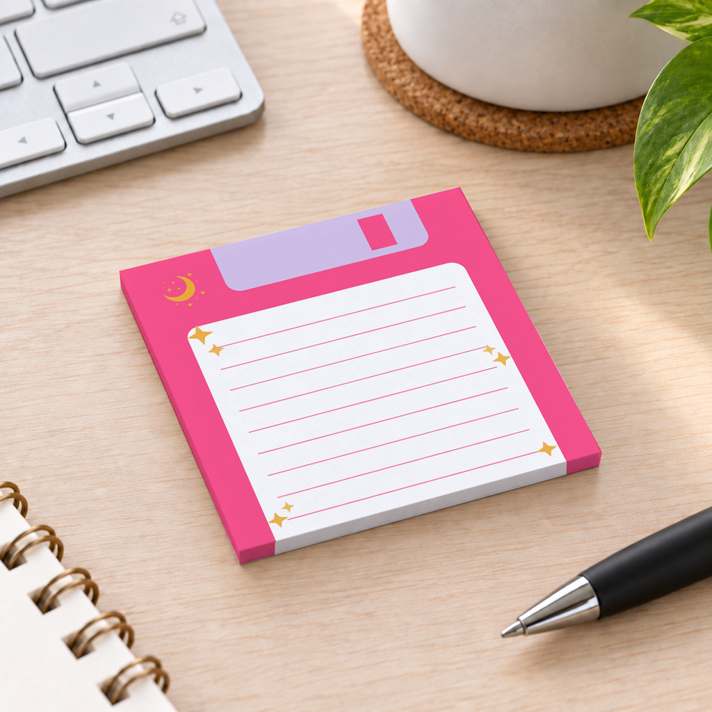 Close-up of Pink Retro Floppy Disk Lined sticky note design and writable area