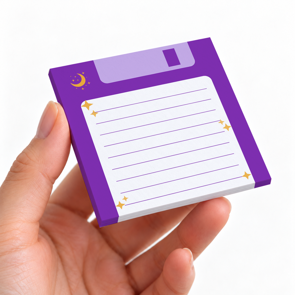Purple Celestial Floppy Disk sticky note pad on a desk with stationery
