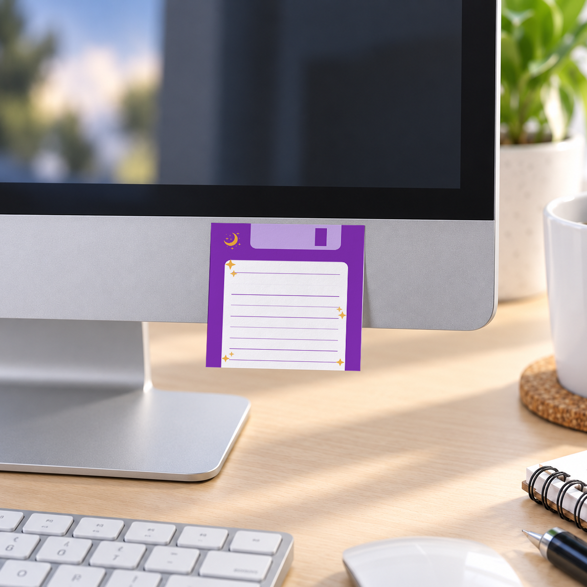 Purple Celestial Floppy Disk memo pad in an office or home workspace