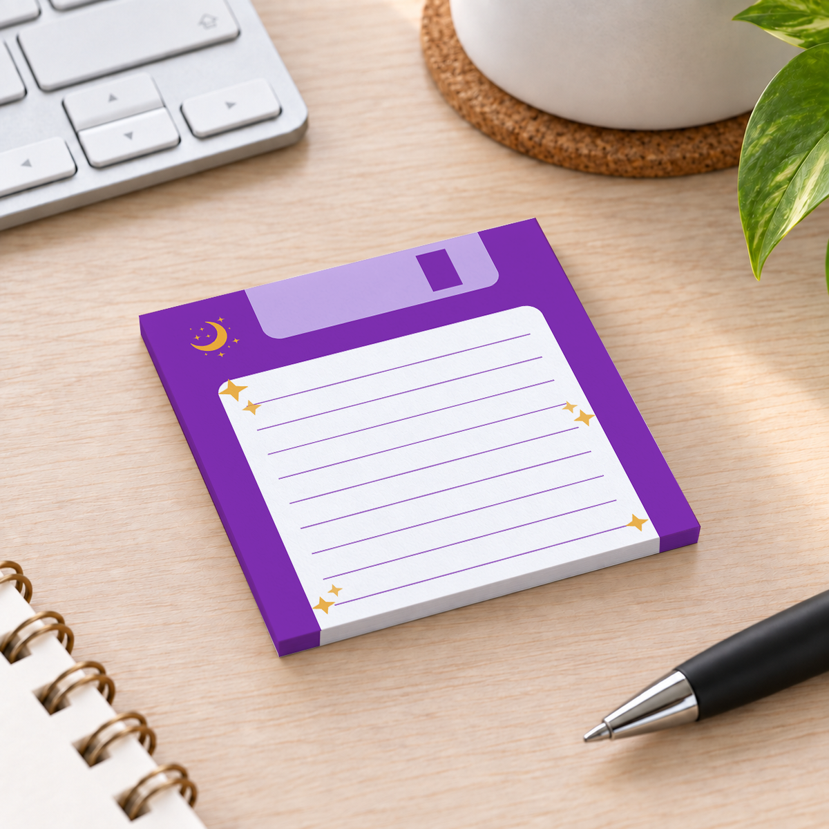 Close-up of Purple Celestial Floppy Disk sticky note design and writable area