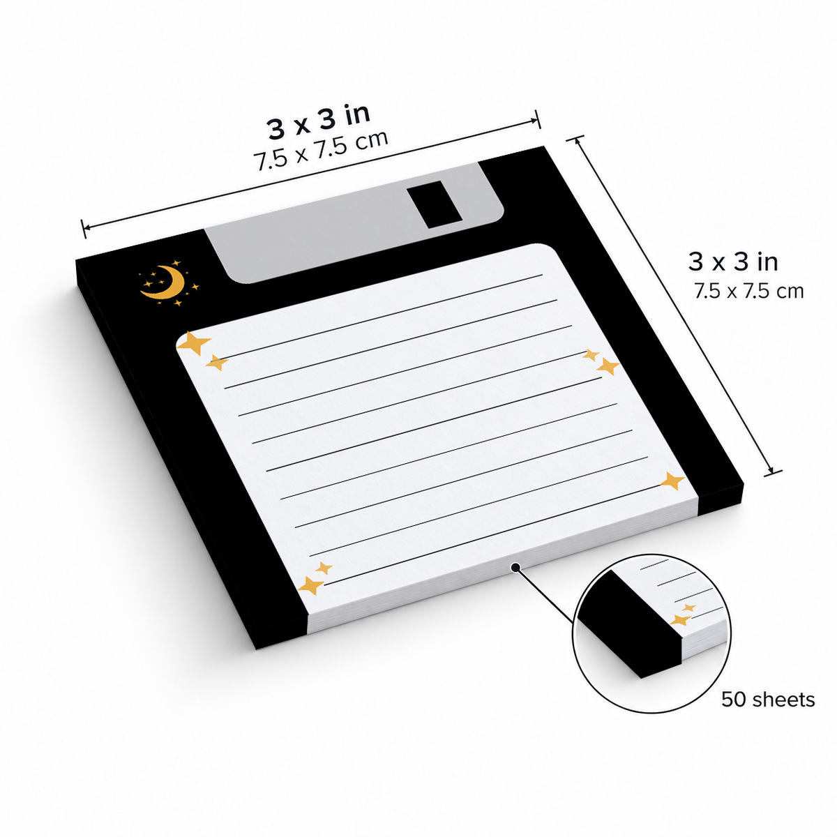 Black Night Sky Floppy Disk sticky notes, 3x3 in (7.5 x 7.5 cm), 50 sheets