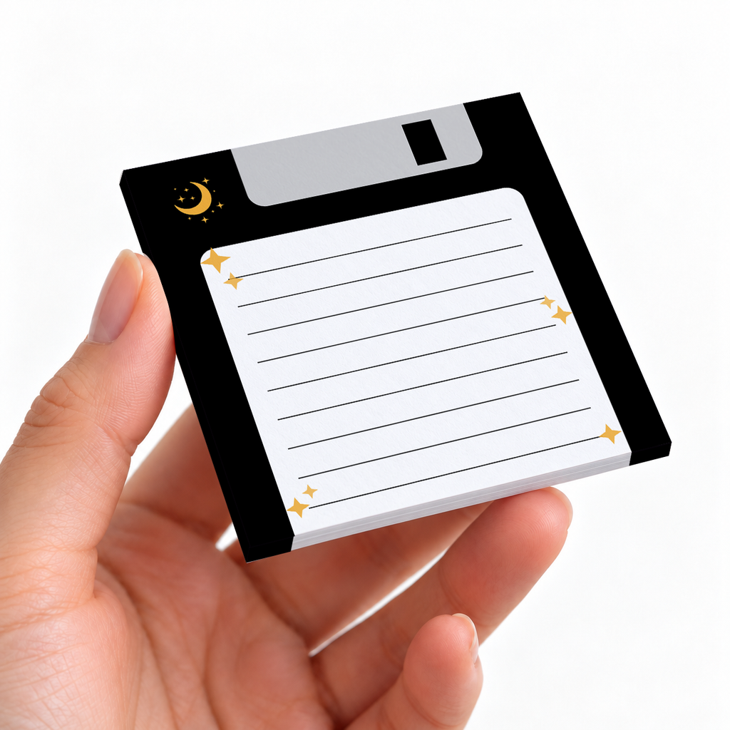 Black Night Sky Floppy Disk sticky note pad on a desk with stationery