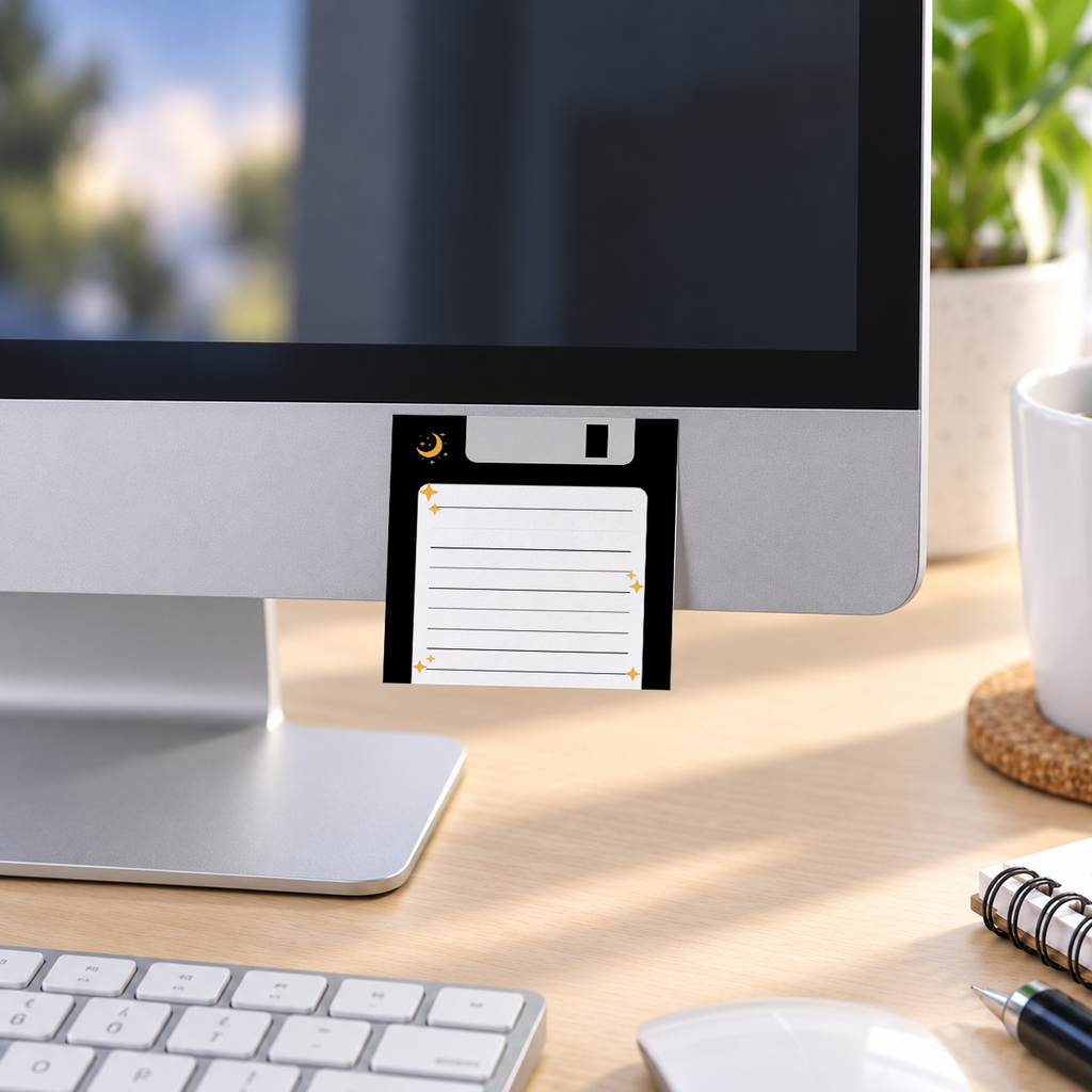 Black Night Sky Floppy Disk memo pad in an office or home workspace