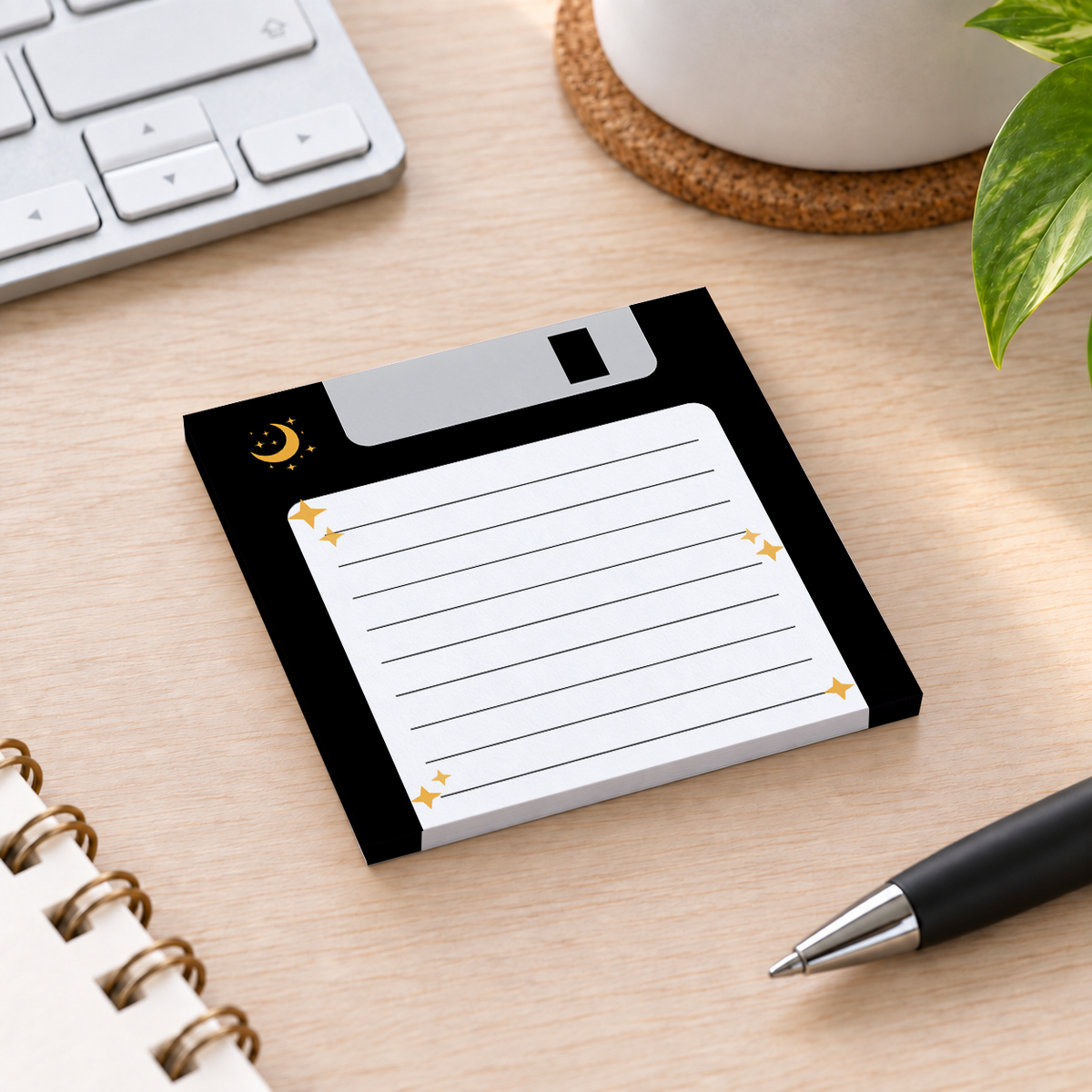 Close-up of Black Night Sky Floppy Disk sticky note design and writable area