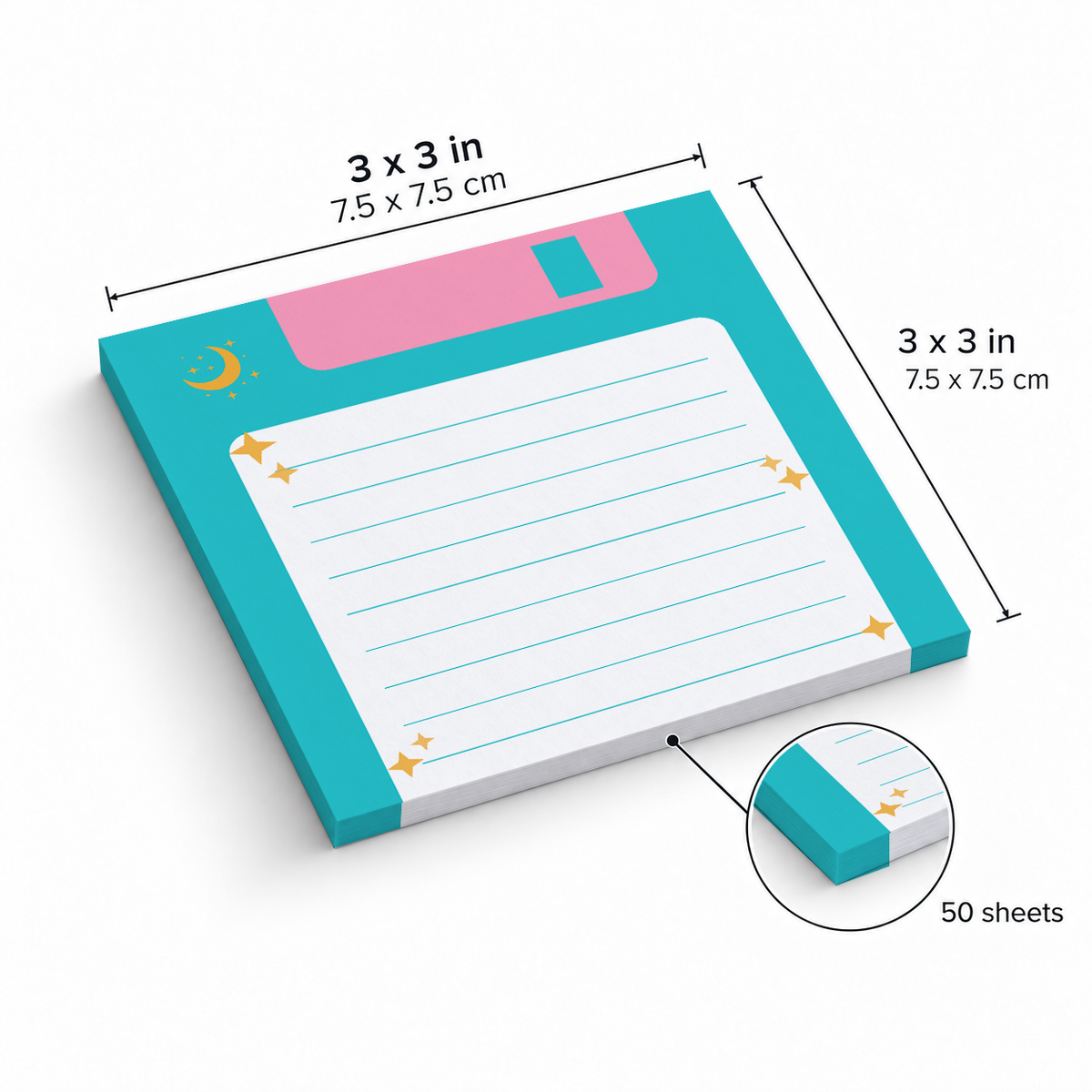 Teal Floppy Disk Lined sticky notes, 3x3 in (7.5 x 7.5 cm), 50 sheets