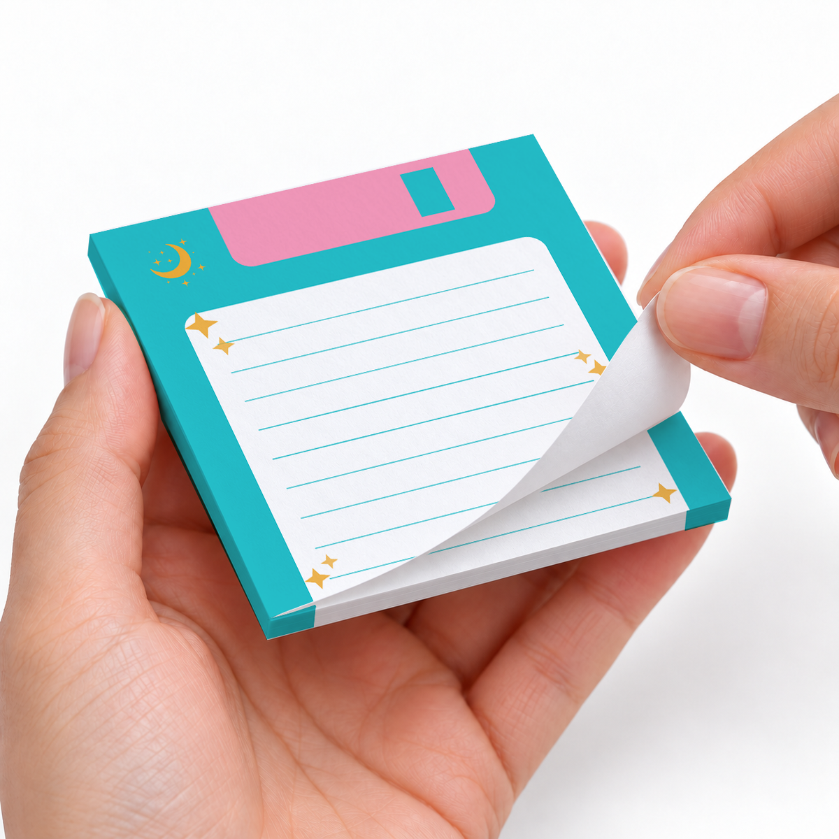 Teal Floppy Disk Lined sticky notes styled with a planner and desk accessories
