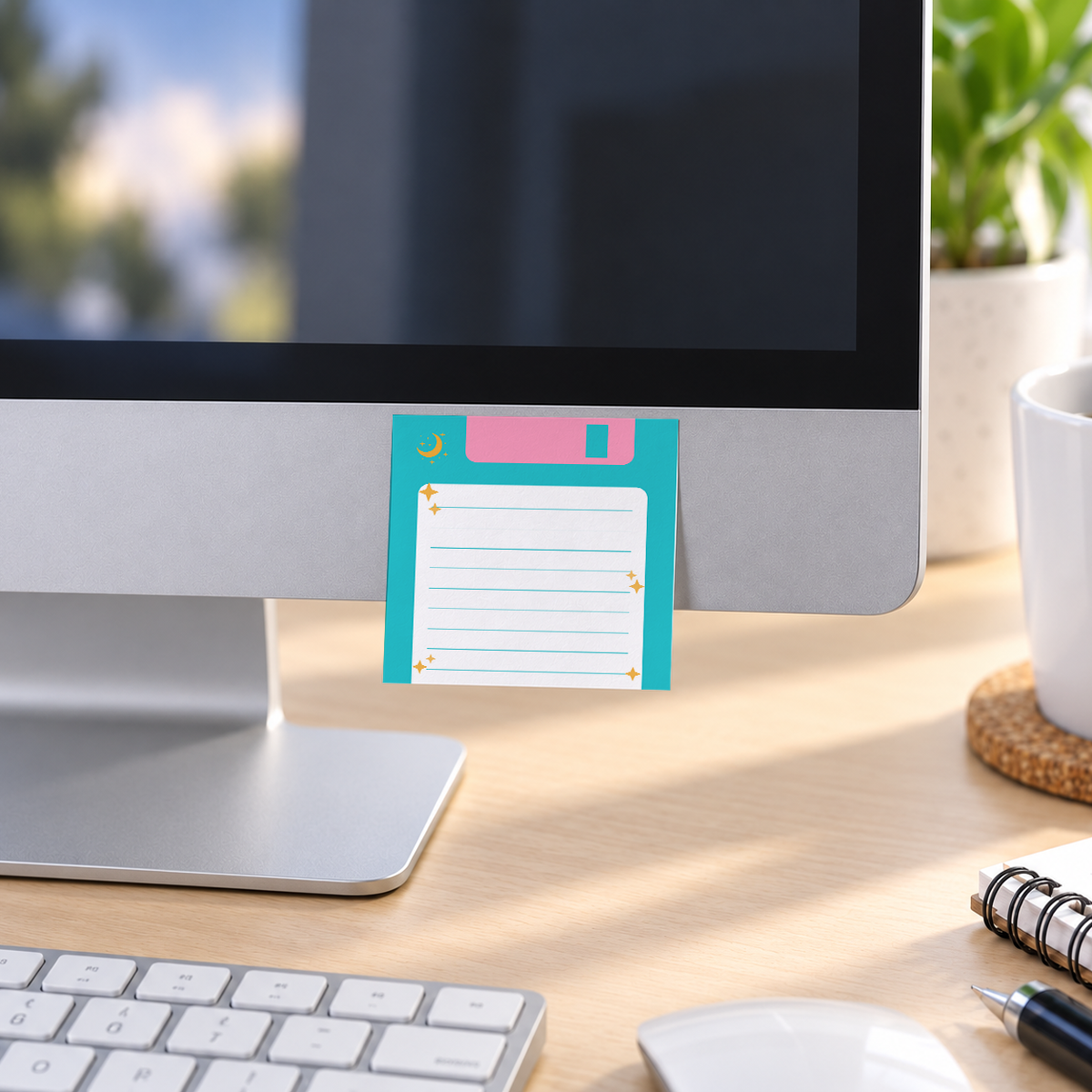 Teal Floppy Disk Lined memo pad in an office or home workspace
