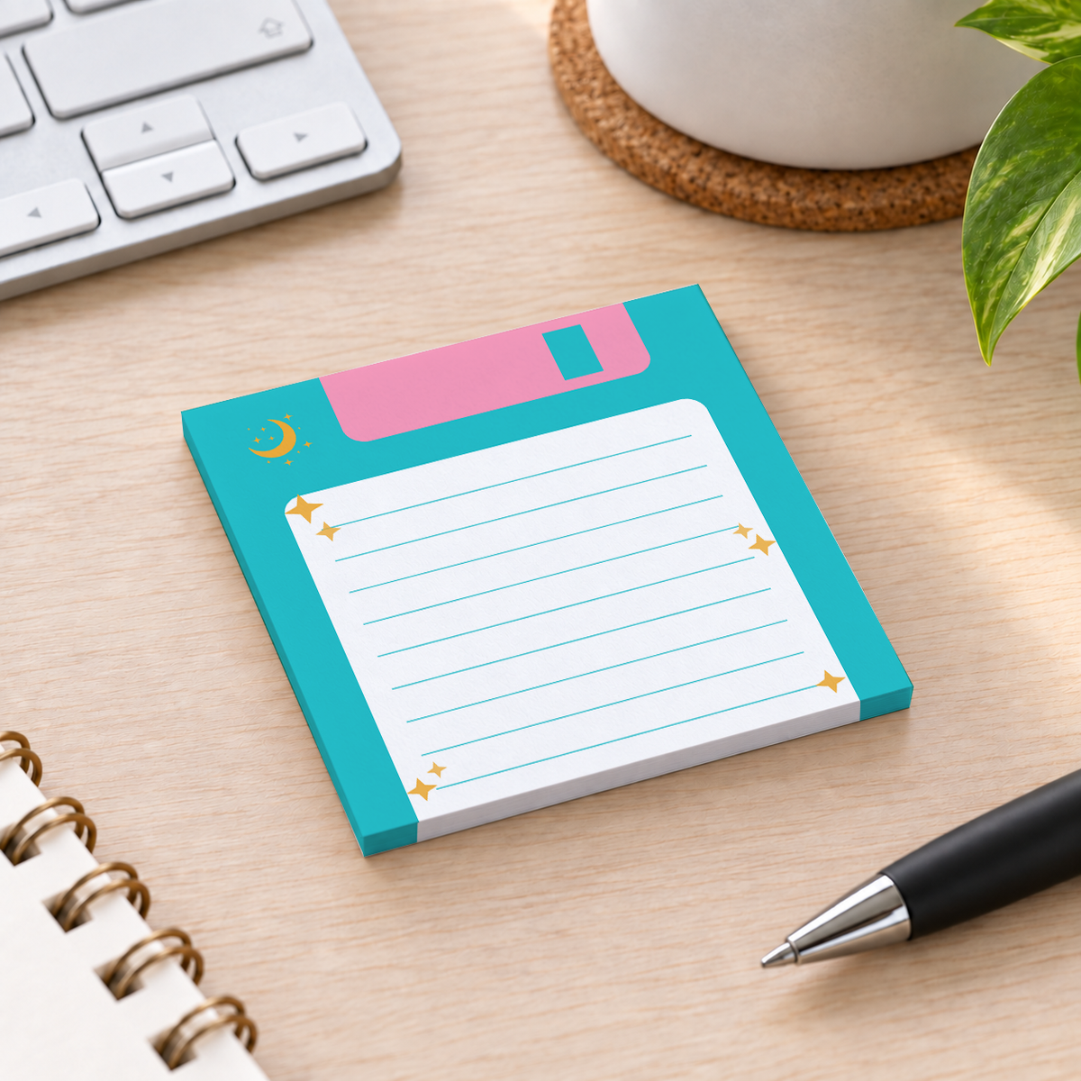Close-up of Teal Floppy Disk Lined sticky note design and writable area
