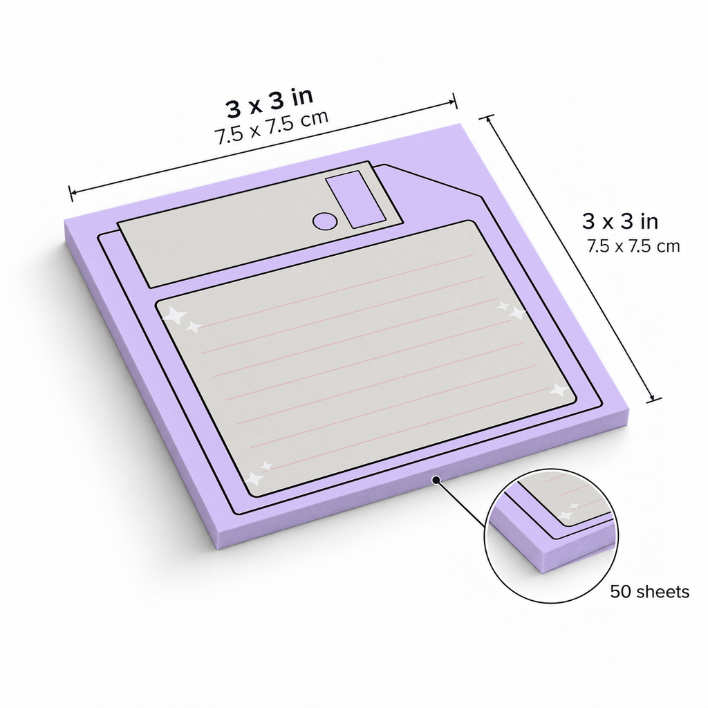 Pastel Purple Floppy Disk sticky notes, 3x3 in (7.5 x 7.5 cm), 50 sheets