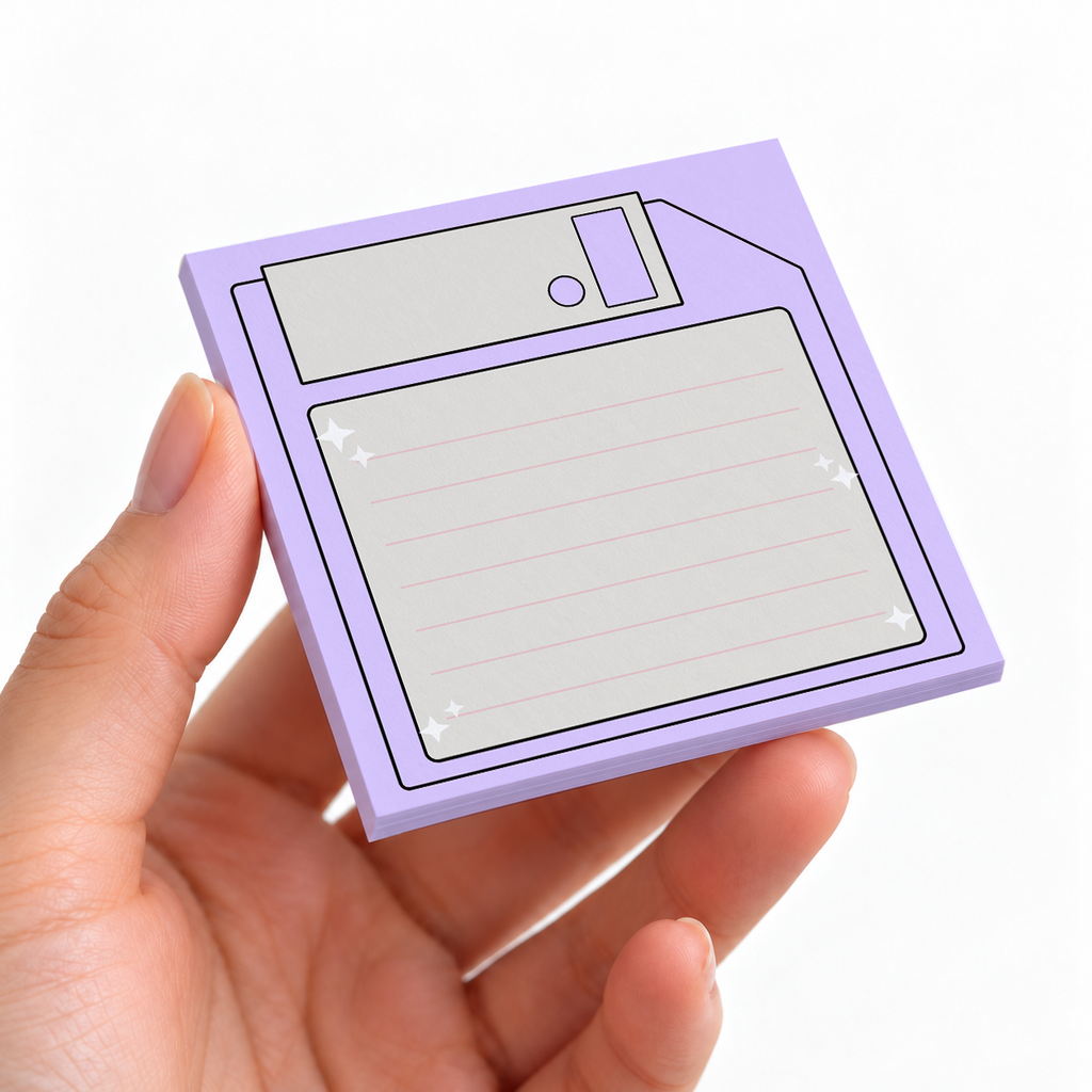 Pastel Purple Floppy Disk sticky note pad on a desk with stationery