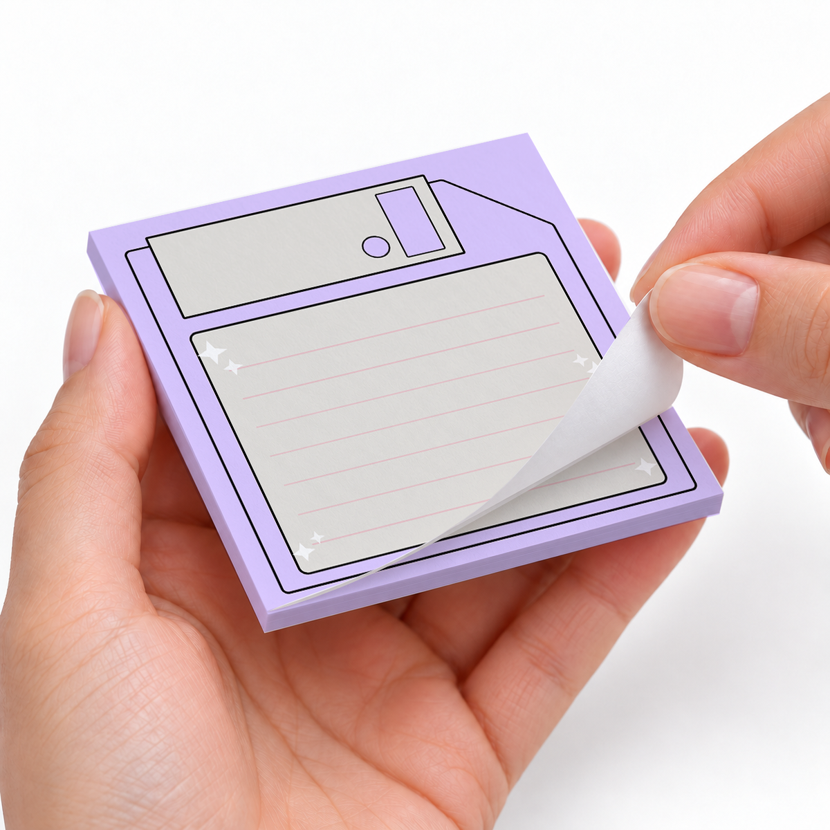 Pastel Purple Floppy Disk sticky notes styled with a planner and desk accessories