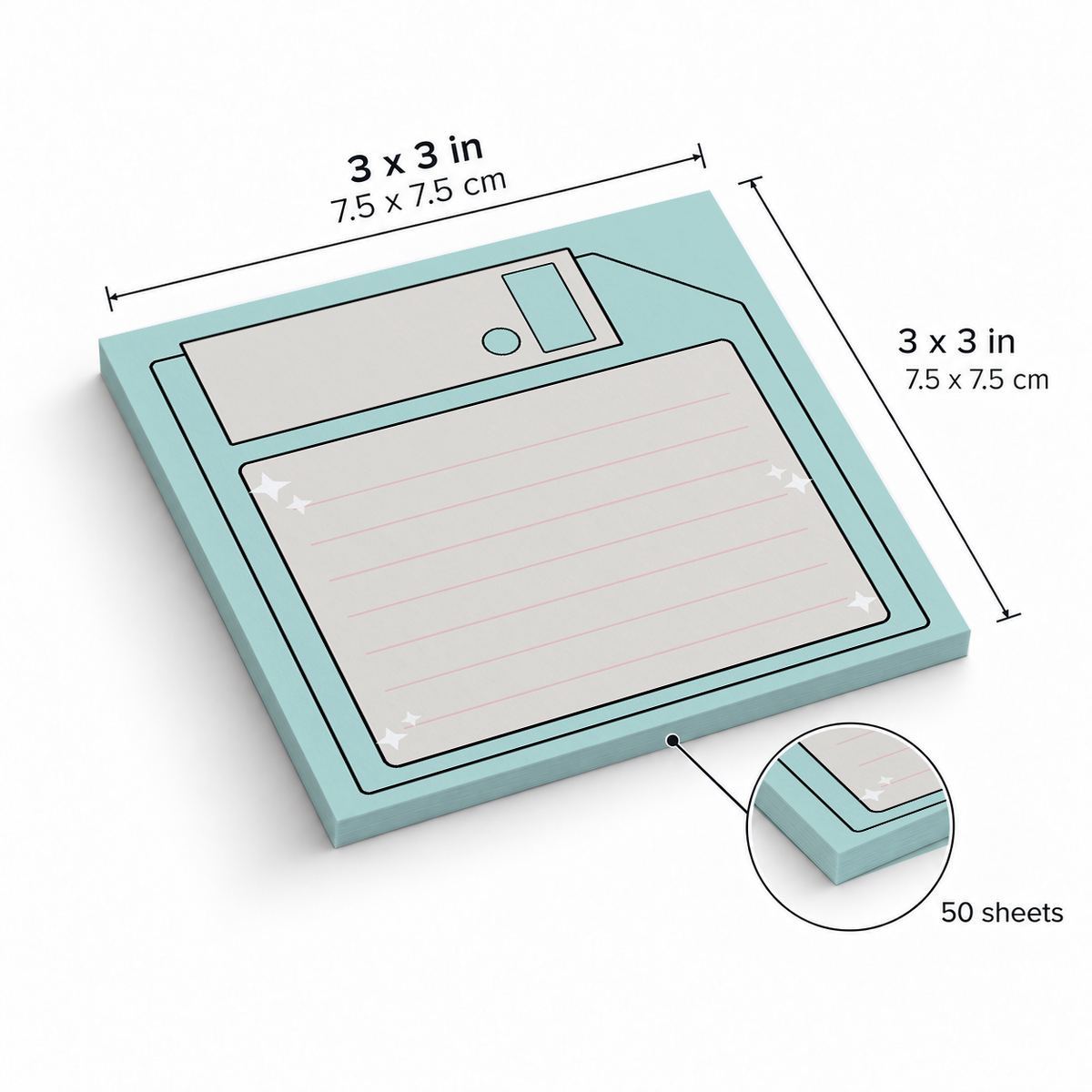 Mint Green Floppy Disk sticky notes, 3x3 in (7.5 x 7.5 cm), 50 sheets