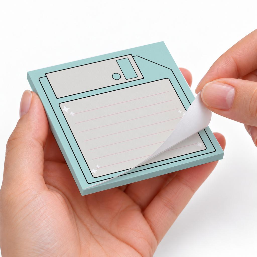 Mint Green Floppy Disk sticky notes styled with a planner and desk accessories