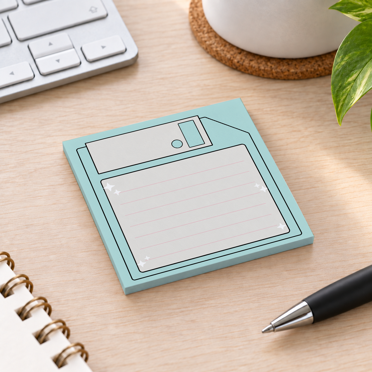 Close-up of Mint Green Floppy Disk sticky note design and writable area
